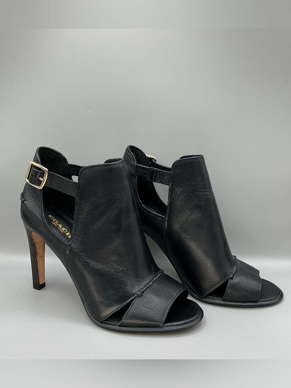 Coach Idena Black Leather Open Toe Booties High Heel Women’s Size 7